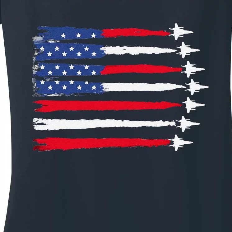 Usa Flag Fighter Jets Patriotic Red Blue White 4th Of July Women's V-Neck T-Shirt