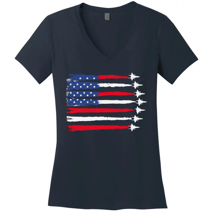 Usa Flag Fighter Jets Patriotic Red Blue White 4th Of July Women's V-Neck T-Shirt