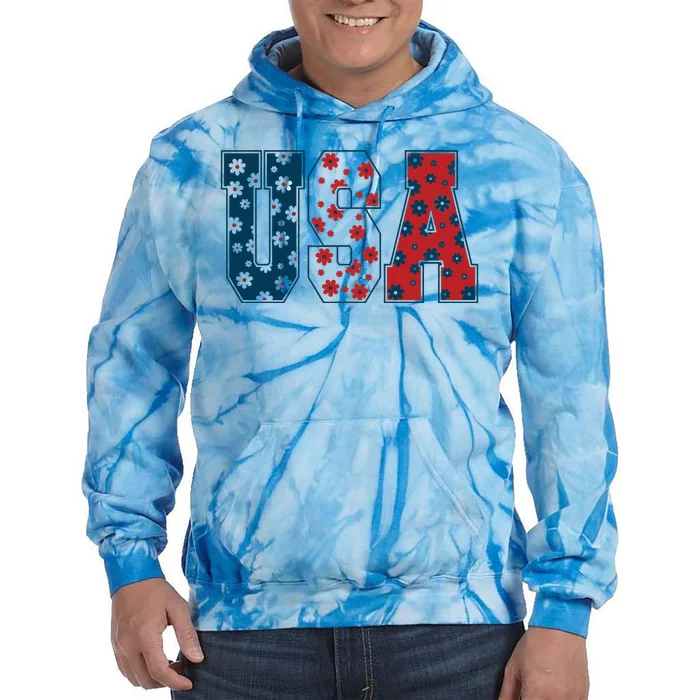 Usa Flag Floral Indigo 4th Of July Memorial Day Tie Dye Hoodie