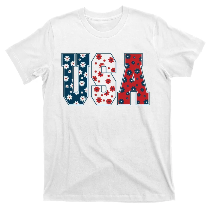 Usa Flag Floral Indigo 4th Of July Memorial Day T-Shirt