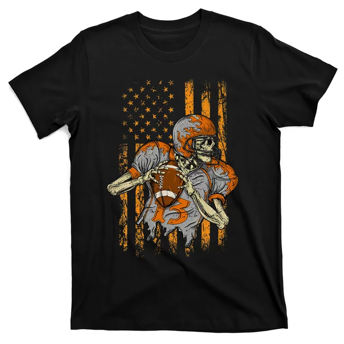 Us Flag Football Skeleton Halloween For Kids T-Shirt