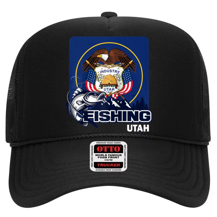 Utah Fishing Flag Of Utah Fishing In Utah High Crown Mesh Trucker Hat