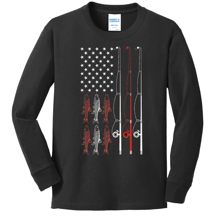 USA Flag Fishing Dad Grandpa Vintage Fishing Dad Kids Long Sleeve Shirt