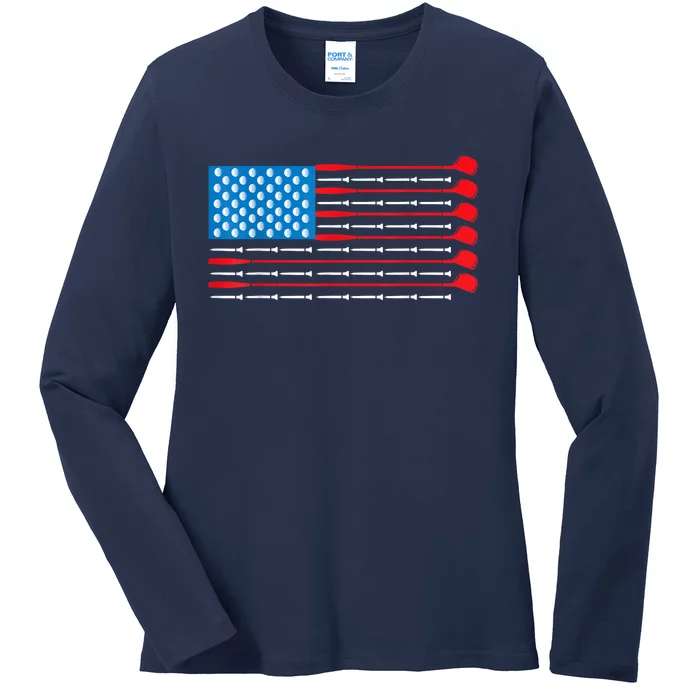 Usa Flag Golf Clubs & Golf Balls Patriotic Golf Gift Ladies Long Sleeve Shirt