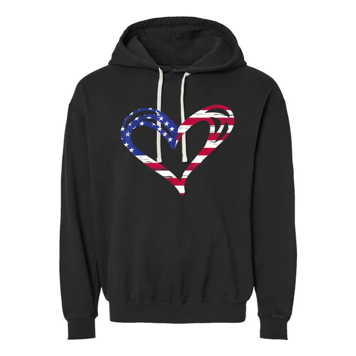 USA Flag Heart American Patriotic Armed Forces Memorial Day Garment-Dyed Fleece Hoodie