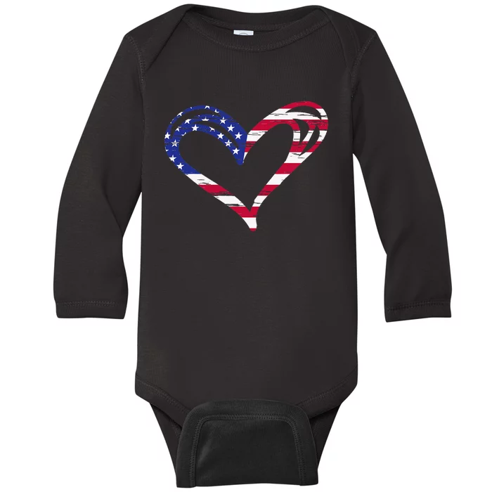 Usa Flag Heart American Patriotic Armed Forces Baby Long Sleeve Bodysuit