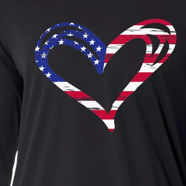 Usa Flag Heart American Patriotic Armed Forces Cooling Performance Long Sleeve Crew