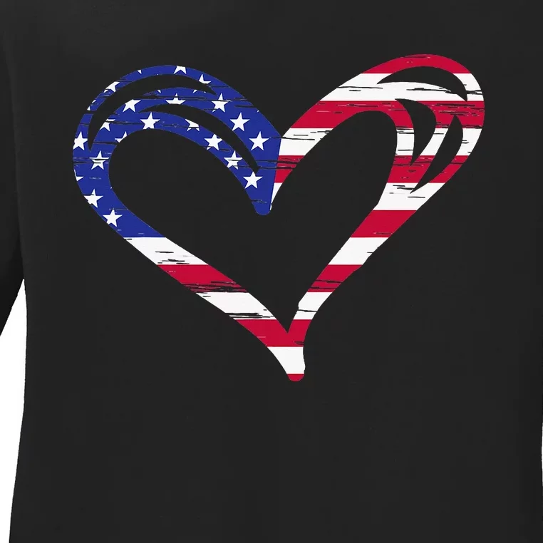 Usa Flag Heart American Patriotic Armed Forces Ladies Long Sleeve Shirt