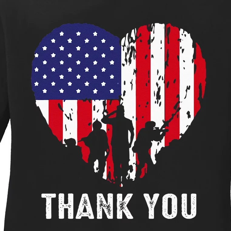 USA Flag Heart American Patriotic Armed Forces Memorial Day Ladies Long Sleeve Shirt