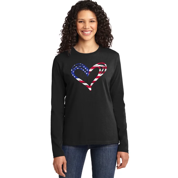 USA Flag Heart American Patriotic Armed Forces Memorial Day Ladies Long Sleeve Shirt