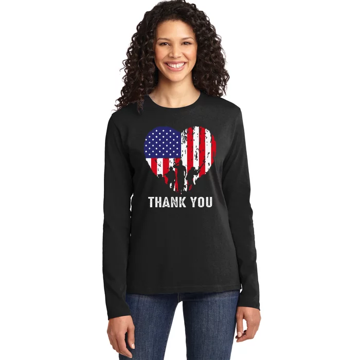 USA Flag Heart American Patriotic Armed Forces Memorial Day Ladies Long Sleeve Shirt