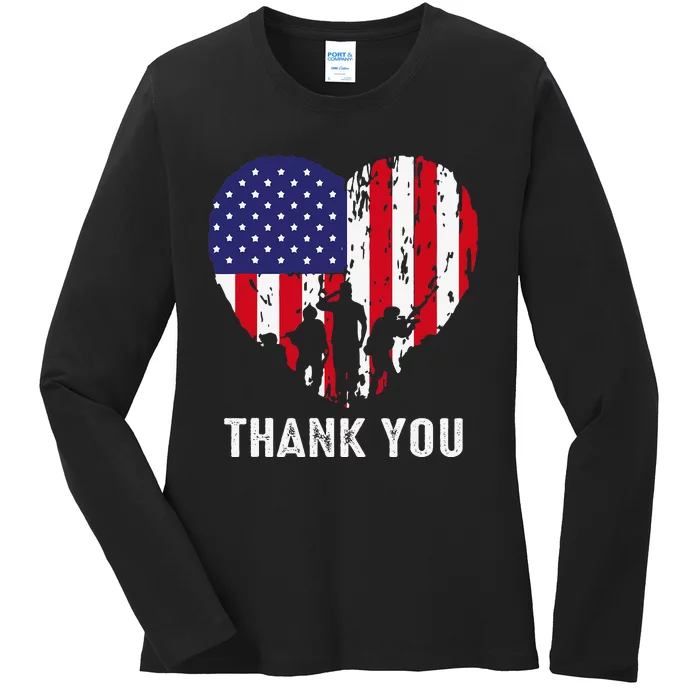 USA Flag Heart American Patriotic Armed Forces Memorial Day Ladies Long Sleeve Shirt