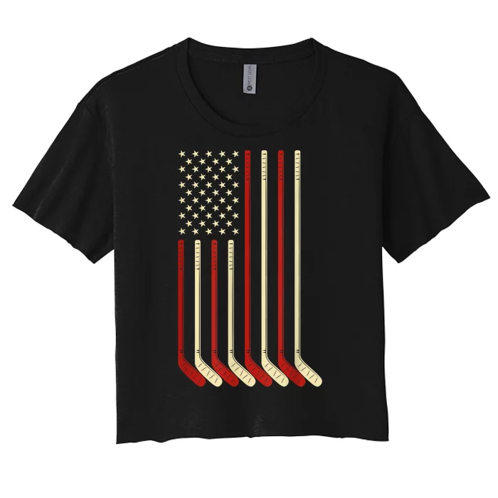 Usa Flag Hockey Stick Ice Hockey Cool Hockey Goalie Gift Women's Crop Top Tee