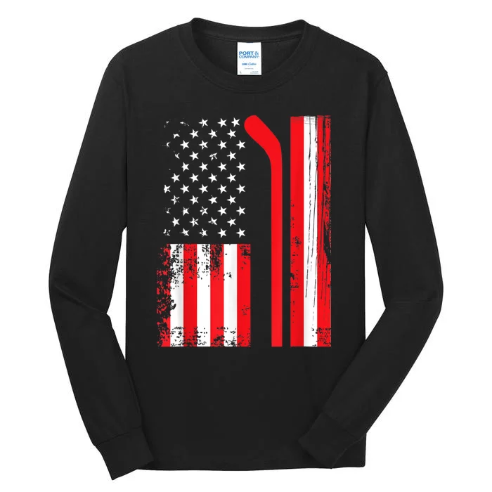 USA Flag Hockey American Flag Patriotic Ice Hockey Tall Long Sleeve T-Shirt