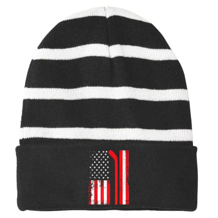 USA Flag Hockey American Flag Patriotic Ice Hockey Striped Beanie with Solid Band