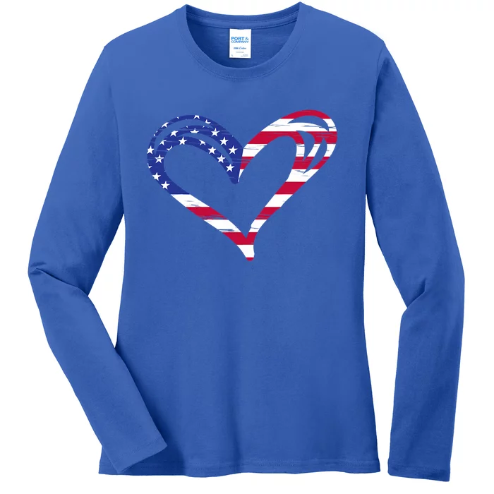 Usa Flag Heart American Patriotic Armed Forces Memorial Day Cool Gift Ladies Long Sleeve Shirt