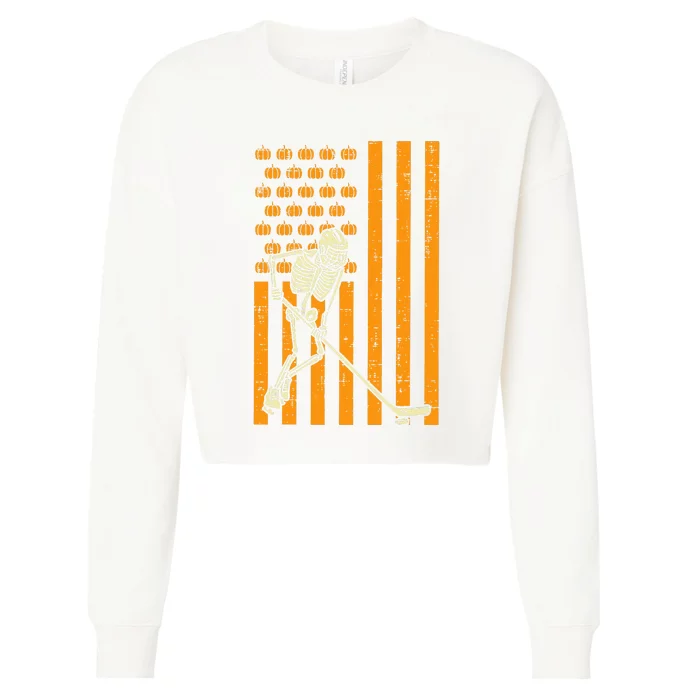 US Flag Ice Hockey Skeleton Cool Halloween Sports Patriotic Cropped Pullover Crew