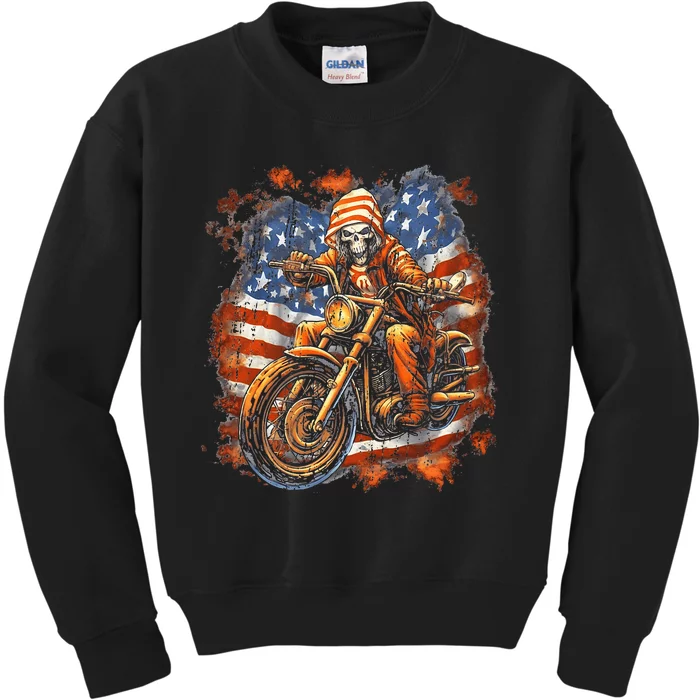 Us Flag Motorcycle Skeleton Biker Kids Sweatshirt