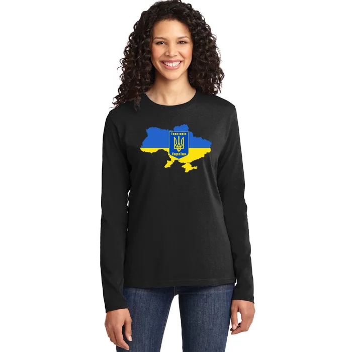 Ukrainian Flag Map Emblem Ladies Long Sleeve Shirt