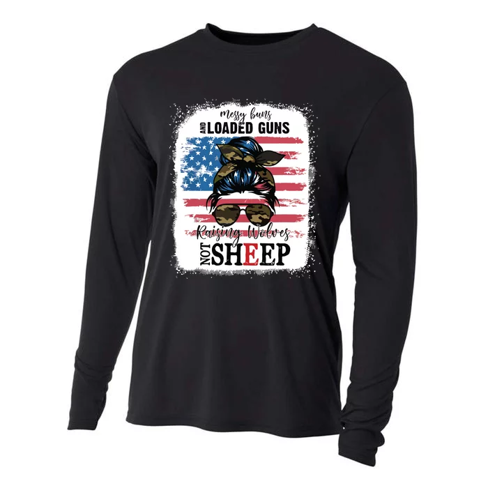 US Flag Messy Buns And Loaded Guns Raising Wolves Not Sheep Cooling Performance Long Sleeve Crew