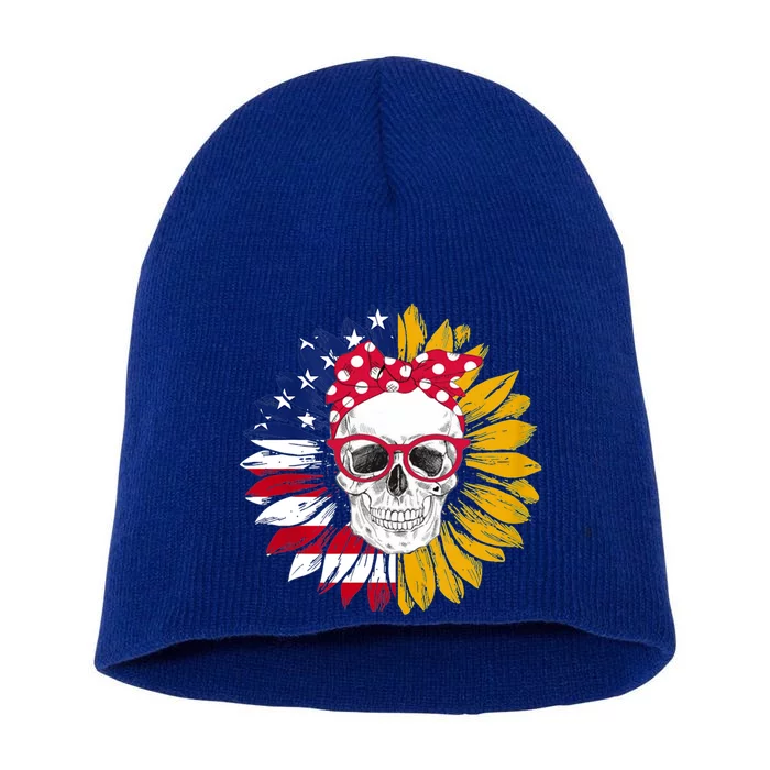 Usa Flag Messy Bun Skull Mom 4th Of July Sunflower Great Gift Short Acrylic Beanie