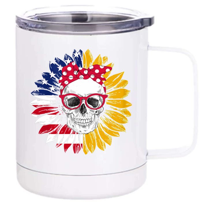 Usa Flag Messy Bun Skull Mom 4th Of July Sunflower Great Gift Front & Back 12oz Stainless Steel Tumbler Cup