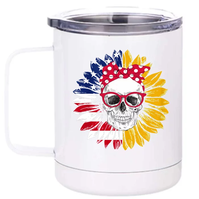 Usa Flag Messy Bun Skull Mom 4th Of July Sunflower Great Gift Front & Back 12oz Stainless Steel Tumbler Cup