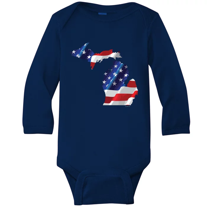 Us Flag Michigan Map Patriotic Great Lakes Gift Baby Long Sleeve Bodysuit