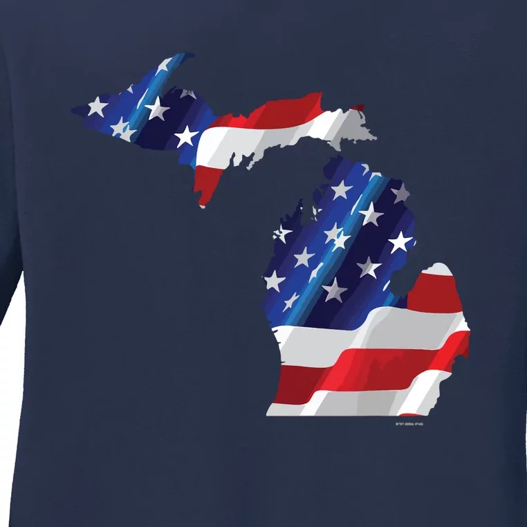 Us Flag Michigan Map Patriotic Great Lakes Gift Ladies Long Sleeve Shirt