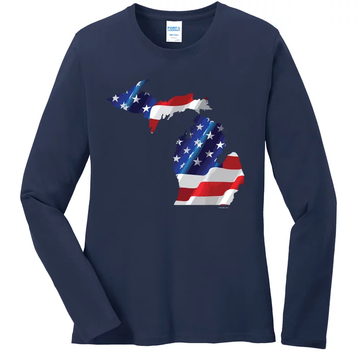 Us Flag Michigan Map Patriotic Great Lakes Gift Ladies Long Sleeve Shirt