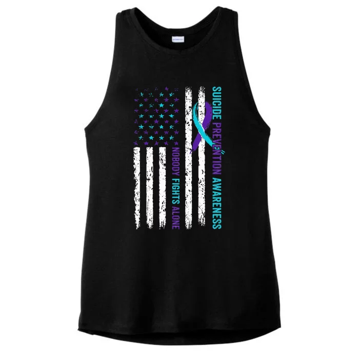 USA Flag Nobody Fights Alone Suicide Prevention Awareness Ladies Tri-Blend Wicking Tank