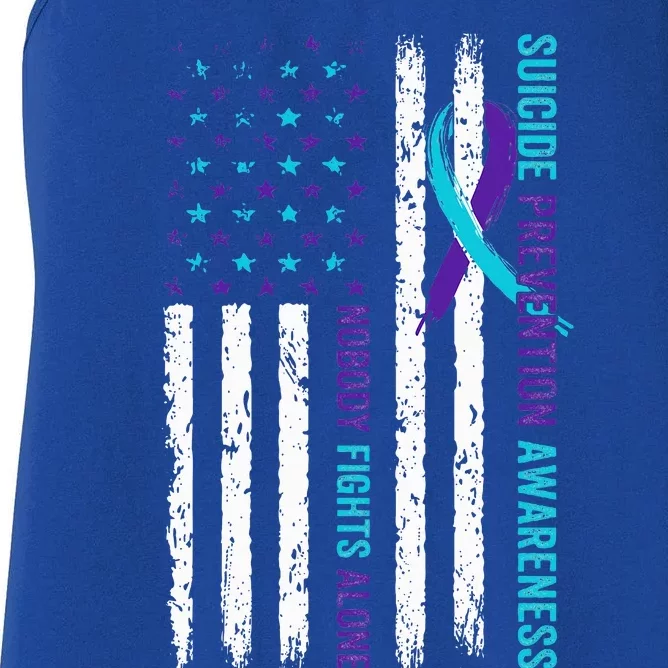 USA Flag Nobody Fights Alone Suicide Prevention Awareness Women's Racerback Tank