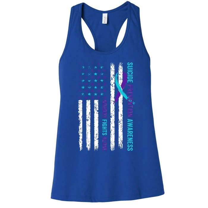 USA Flag Nobody Fights Alone Suicide Prevention Awareness Women's Racerback Tank