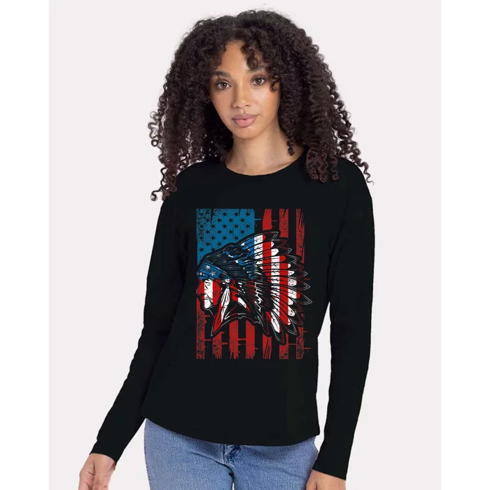 USA Flag Native American Heritage Headdress Native American Womens Cotton Relaxed Long Sleeve T-Shirt