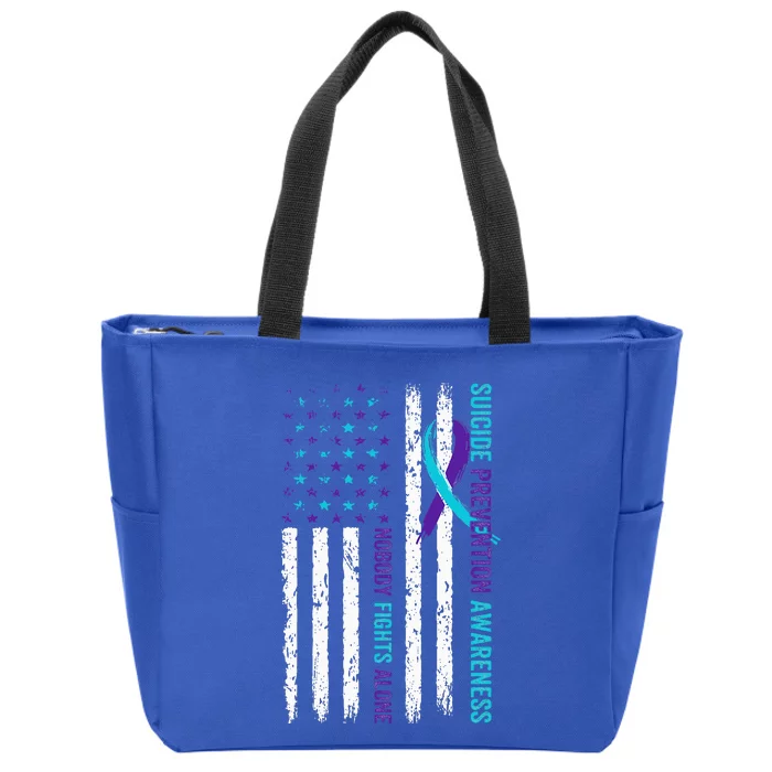 USA Flag Nobody Fights Alone Suicide Prevention Awareness Zip Tote Bag