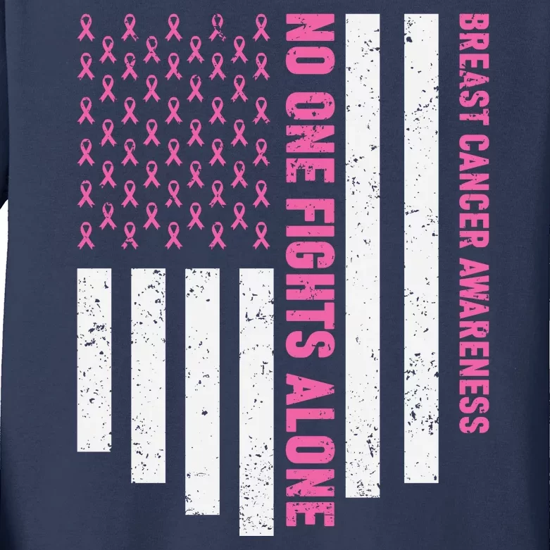 USA Flag No One Fight Alone Breast Caner Awareness Kids Long Sleeve Shirt