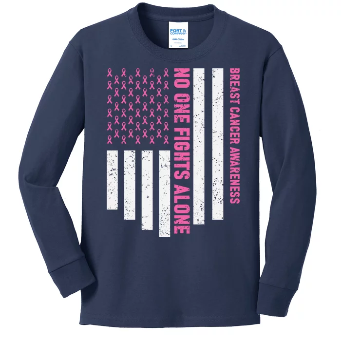 USA Flag No One Fight Alone Breast Caner Awareness Kids Long Sleeve Shirt