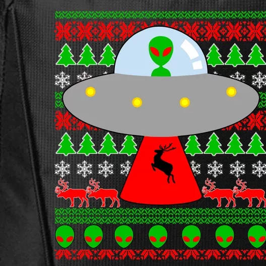 UFO Alien Abducting Reindeer Ugly Christmas Sweater Design City Backpack