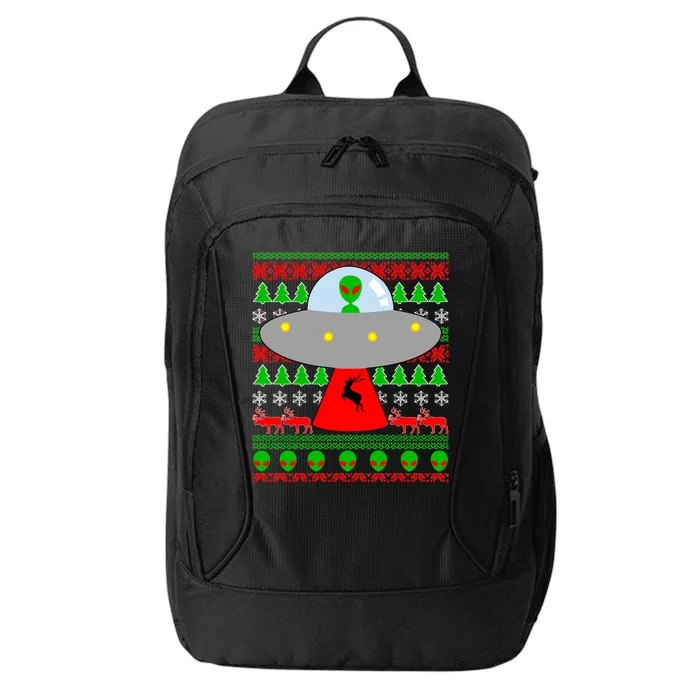 UFO Alien Abducting Reindeer Ugly Christmas Sweater Design City Backpack