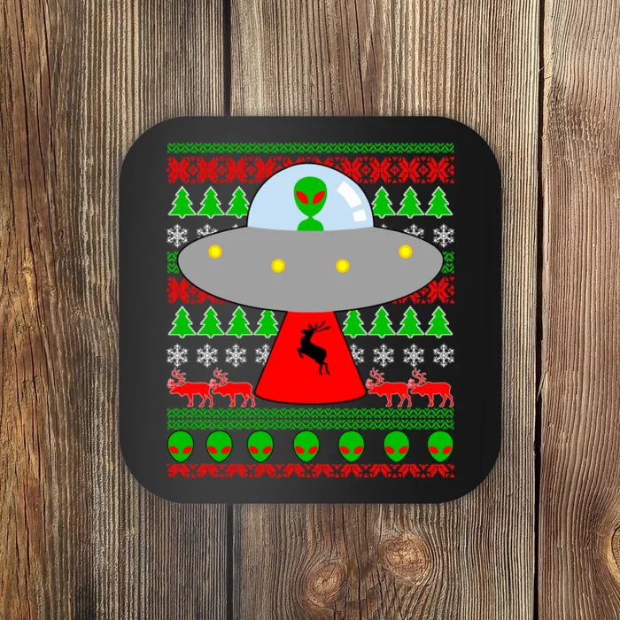 UFO Alien Abducting Reindeer Ugly Christmas Sweater Design Coaster