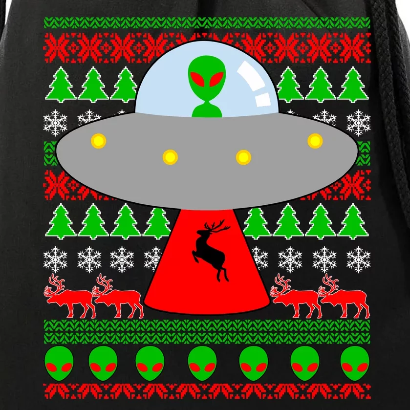 UFO Alien Abducting Reindeer Ugly Christmas Sweater Design Drawstring Bag