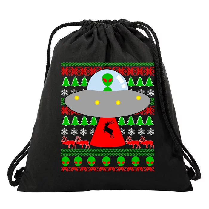 UFO Alien Abducting Reindeer Ugly Christmas Sweater Design Drawstring Bag