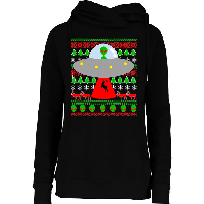 UFO Alien Abducting Reindeer Ugly Christmas Sweater Design Womens Funnel Neck Pullover Hood