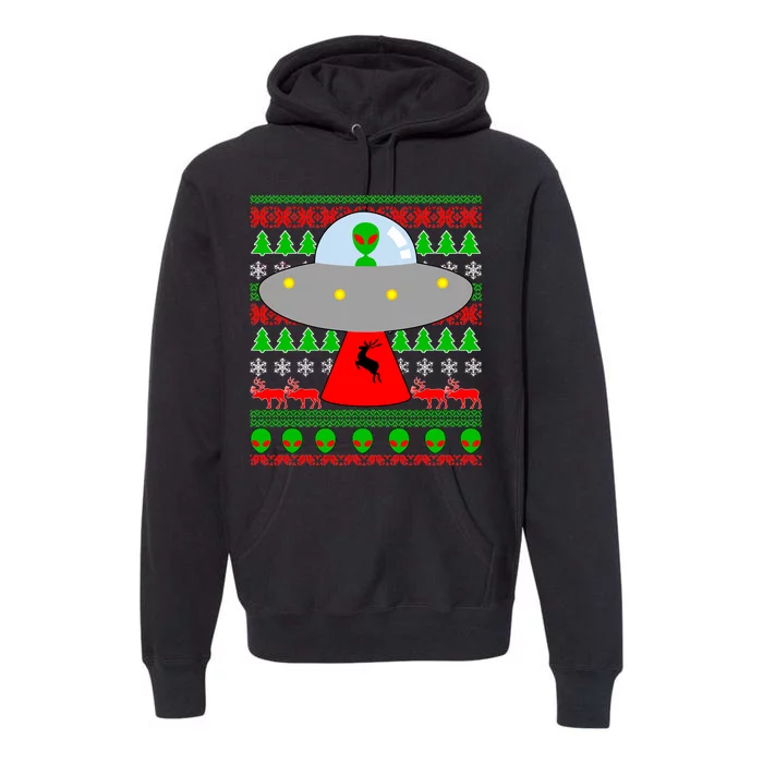 UFO Alien Abducting Reindeer Ugly Christmas Sweater Design Premium Hoodie