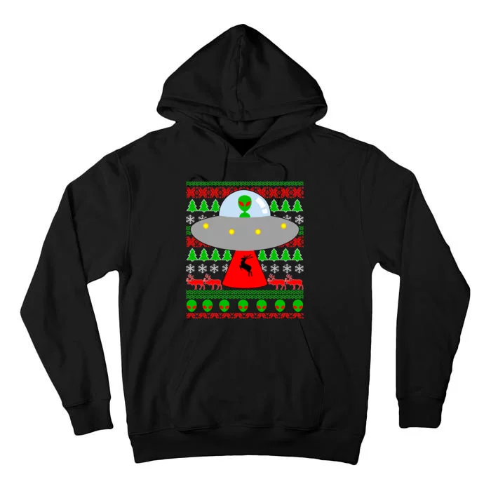 UFO Alien Abducting Reindeer Ugly Christmas Sweater Design Tall Hoodie