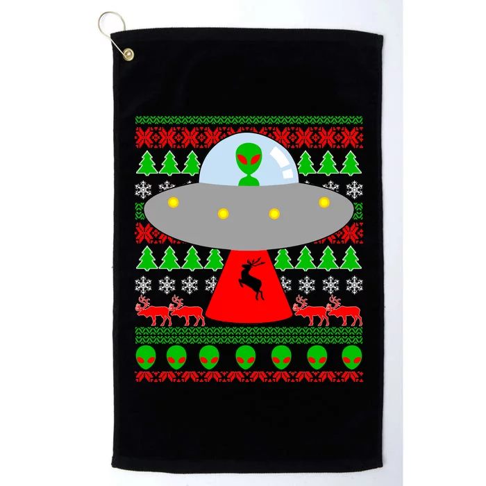 UFO Alien Abducting Reindeer Ugly Christmas Sweater Design Platinum Collection Golf Towel