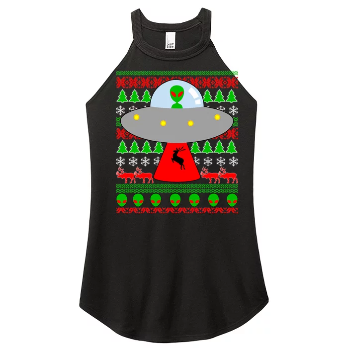 UFO Alien Abducting Reindeer Ugly Christmas Sweater Design Women’s Perfect Tri Rocker Tank