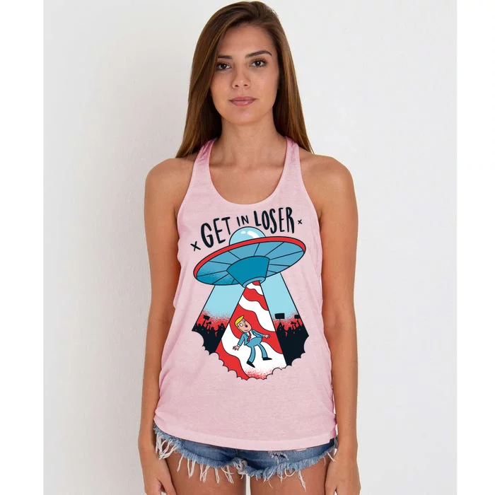 UFO Aliens Abducted Trump Get In Loser Women's Knotted Racerback Tank