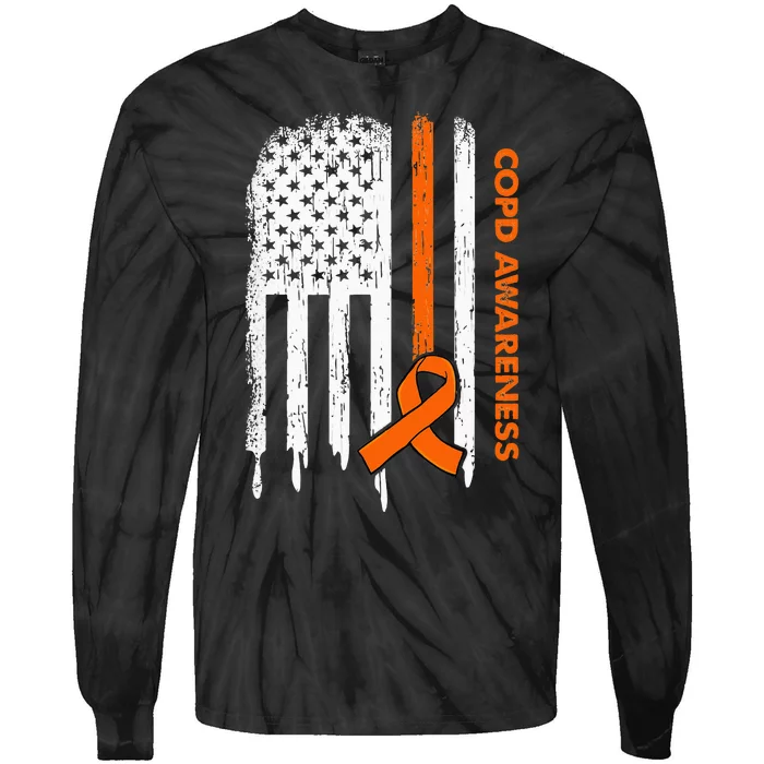 USA Flag Orange Ribbon COPD Awareness Tie-Dye Long Sleeve Shirt