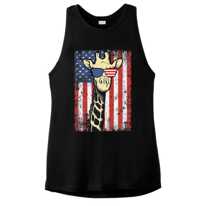 USA Flag Patriotic Giraffe Sunglasses Funny Animal Lover Ladies Tri-Blend Wicking Tank